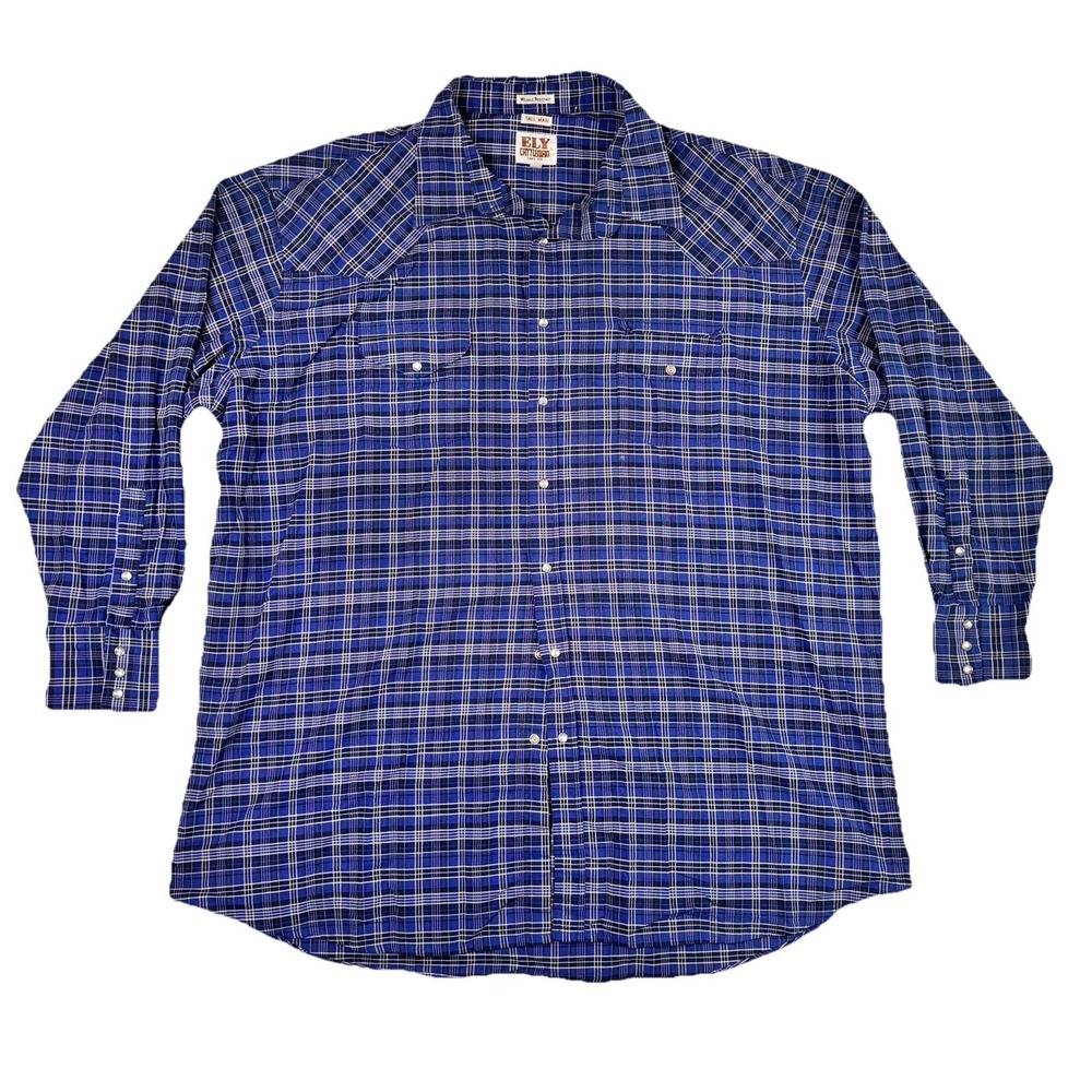 Ely Cattleman Shirt Mens 4XL (20/36) Tall Blue Plaid Pearl Snap Vintage - Picture 1 of 5